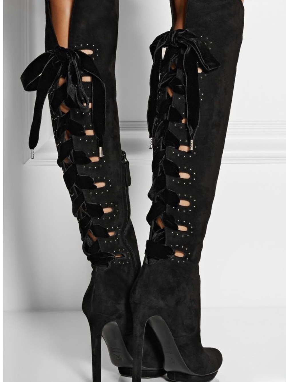 Alexander McQueen Cutout Suede With Velvet Lace Up Over The Knee Boots